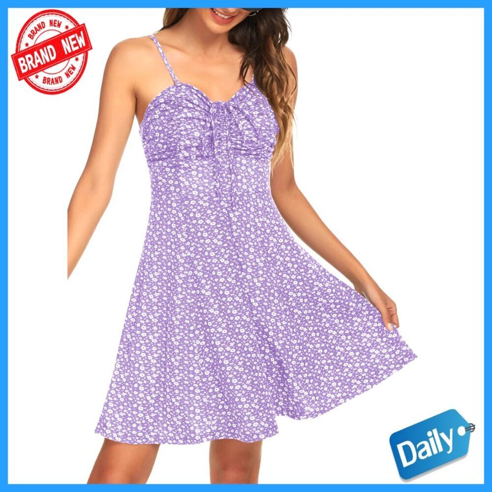Spaghetti Strap Floral Mini Dress Ruched Front Drawstring Swing Sundress